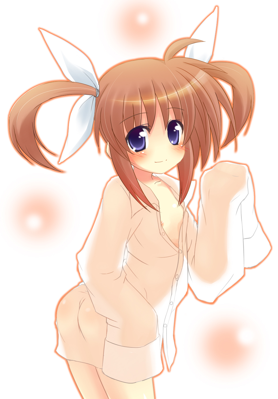 sw (taco), takamachi nanoha, lyrical nanoha, mahou shoujo lyrical nanoha, highres, 00s, blue eyes, brown hair, flat chest, long hair, nipple slip, nipples, no bra, purple eyes, shirt, solo