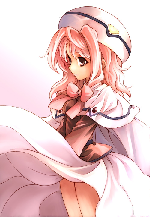 kouno hikaru, caro ru lushe, lyrical nanoha, mahou shoujo lyrical nanoha, mahou shoujo lyrical nanoha strikers, 00s, 1girl, beret, bow, bowtie, capelet, cowboy shot, female focus, frills, hat, looking afar, pink bow, pink eyes, pink hair, red bow, red bowtie, short hair, solo, standing, wavy hair, wind, wind lift