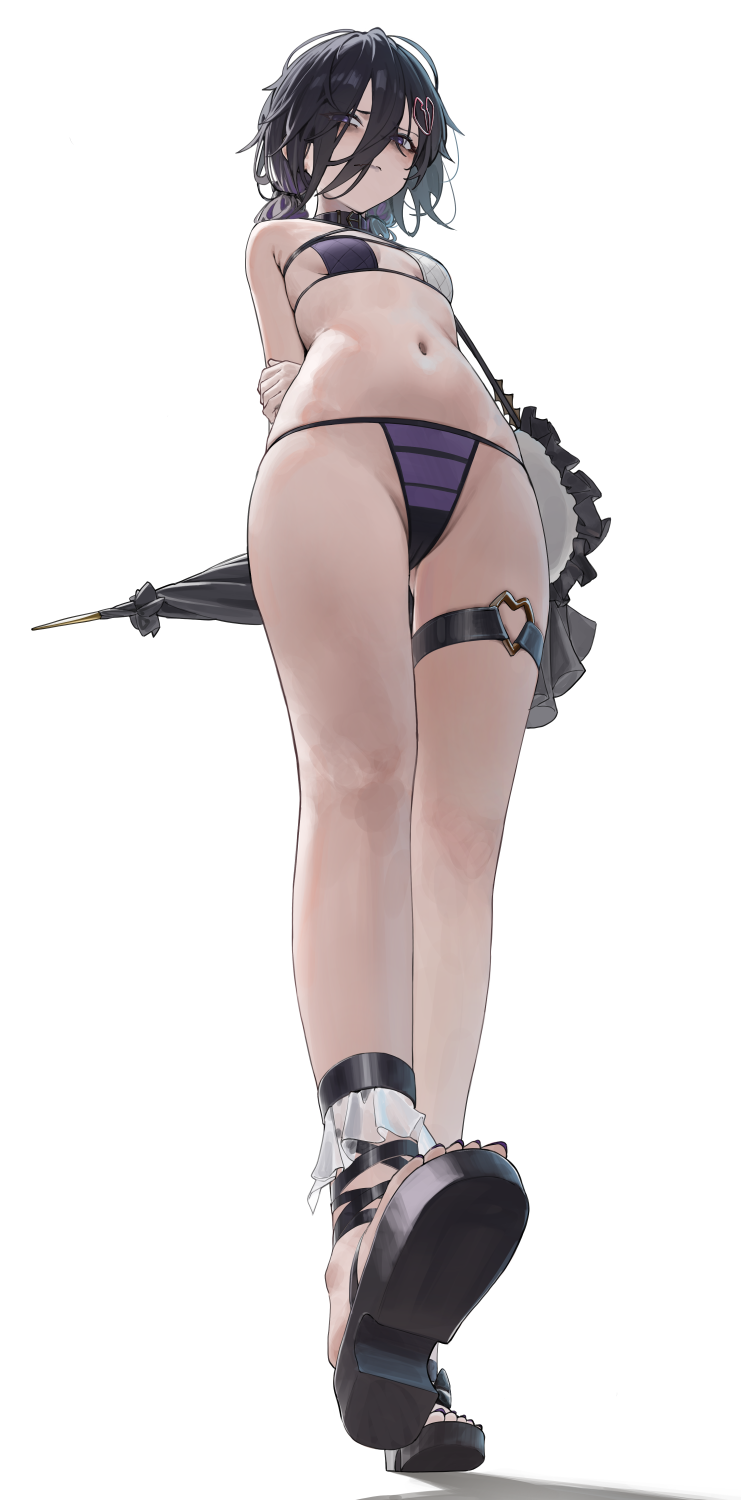 mizoshi-x, lich (granblue fantasy), granblue fantasy, commentary, highres, variant set, 1girl, arms behind back, bags under eyes, bikini, black hair, black sandals, breasts, closed mouth, from below, full body, hair between eyes, hair ornament, hand on own elbow, heart, heart hair ornament, holding, holding umbrella, long bangs, long hair, low twintails, purple bikini, purple eyes, sandals, simple background, small breasts, solo, standing, swimsuit, thigh strap, twintails, umbrella, white background