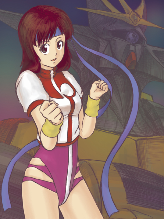 gunbuster, takaya noriko, top wo nerae!, top wo nerae! (series), 1girl, brown eyes, brown hair, gym uniform, headband, leotard, mecha, projected inset, robot, super robot, wristband