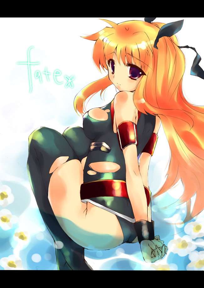 yu yu, fate testarossa, lyrical nanoha, mahou shoujo lyrical nanoha, 00s, 1girl, armlet, ass, bare shoulders, blonde hair, blush, bodysuit, female focus, from behind, jewelry, leotard, letterboxed, looking at viewer, looking back, red eyes, sitting, solo, thighhighs, thighs, torn bodysuit, torn clothes, torn thighhighs, water, wrist cuffs