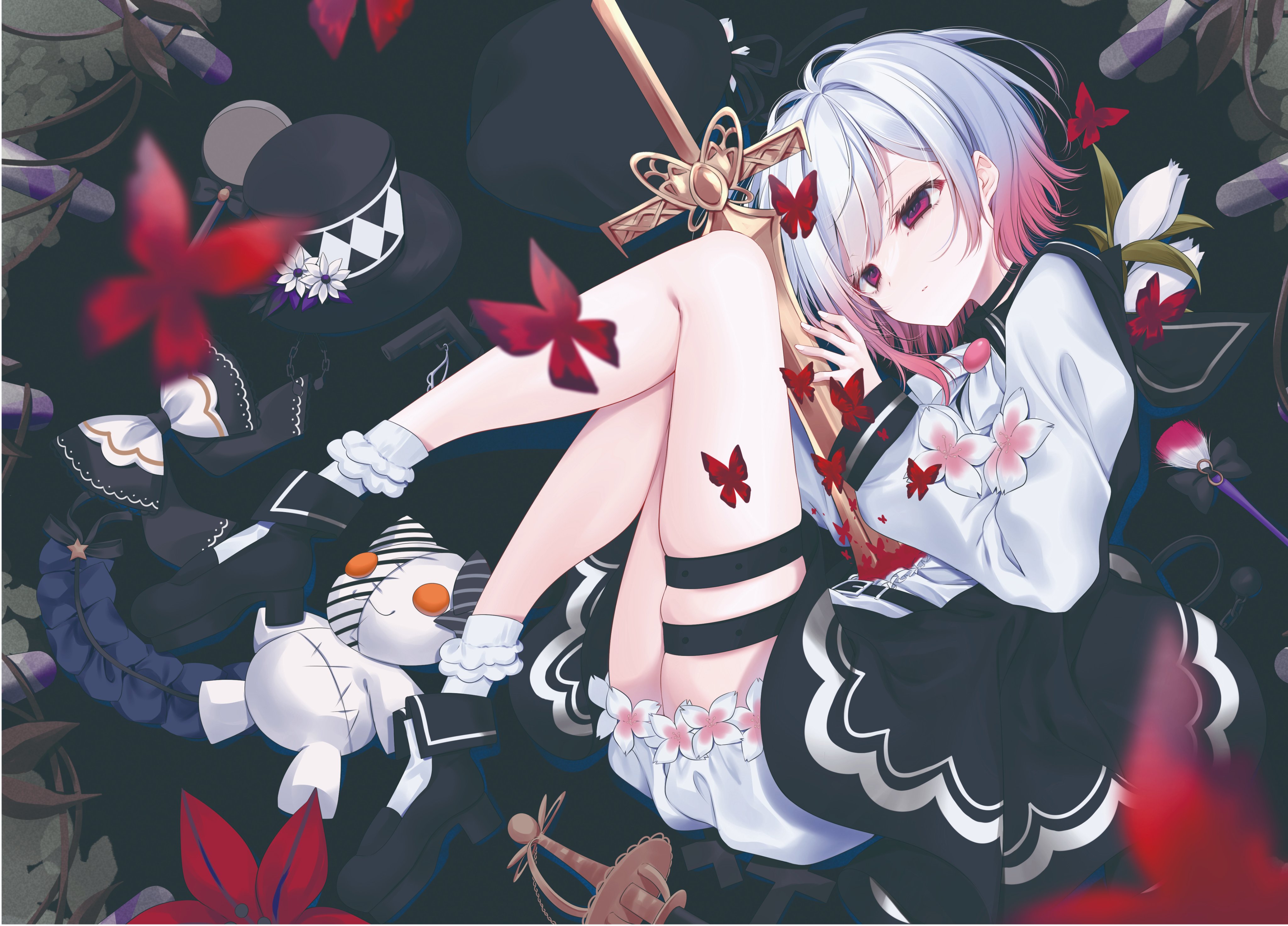 tokito setsuna, sakuraba ema, mahou shoujo no majo saiban, absurdres, highres, official art, second-party source, 1girl, beret, black dress, black hat, black shoes, blood, bloomers, bug, butterfly, dress, flower, gradient hair, hairband, hat, hat flower, insect, lolita hairband, lying, multicolored hair, on side, paintbrush, pink eyes, pink hair, rapier, red butterfly, red flower, shirt, shoes, short hair, socks, solo, stab, stuffed animal, stuffed toy, sword, thigh strap, top hat, underwear, unworn hairband, unworn hat, unworn headwear, weapon, white bloomers, white flower, white hair, white shirt, white socks