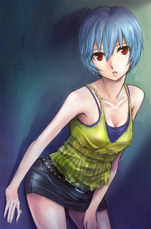 hashi, ayanami rei, neon genesis evangelion, bad id, bad pixiv id, 1girl, belt, blue hair, breasts, casual, cleavage, female focus, miniskirt, pencil skirt, red eyes, short hair, skirt, small breasts, solo