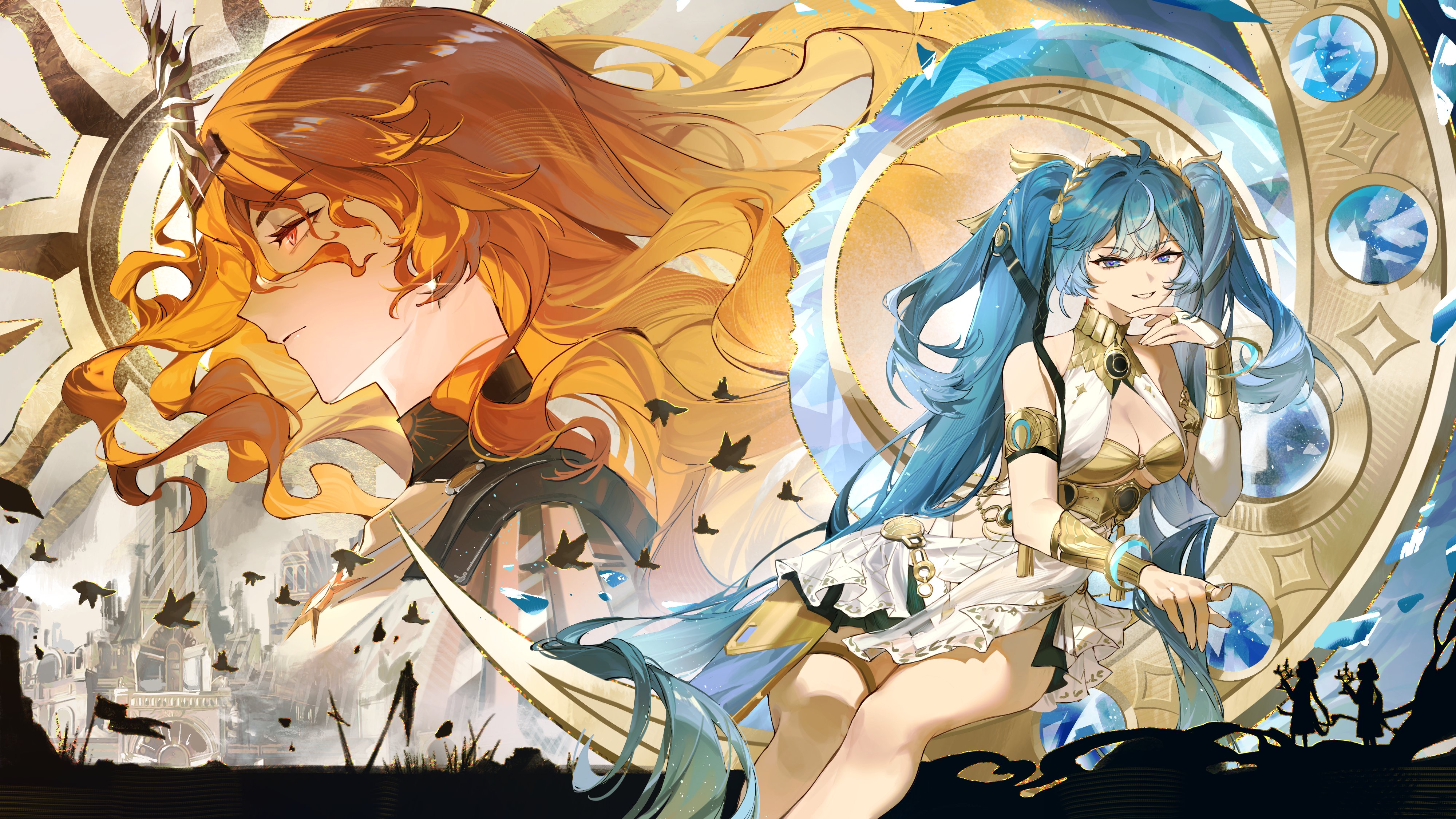toriumu, augusta (wuthering waves), iuno (wuthering waves), wuthering waves, absurdres, commentary, english commentary, highres, 2girls, ahoge, ancient greek clothes, architecture, armlet, bare shoulders, bird, black collar, blue eyes, blue hair, breasts, cleavage, closed mouth, collar, gold bra, greco-roman clothes, hand up, head wreath, headgear, jewelry, long hair, looking ahead, looking at viewer, medium breasts, multiple girls, orange hair, parted lips, red eyes, smile, sun necklace, thighs, twintails, very long hair