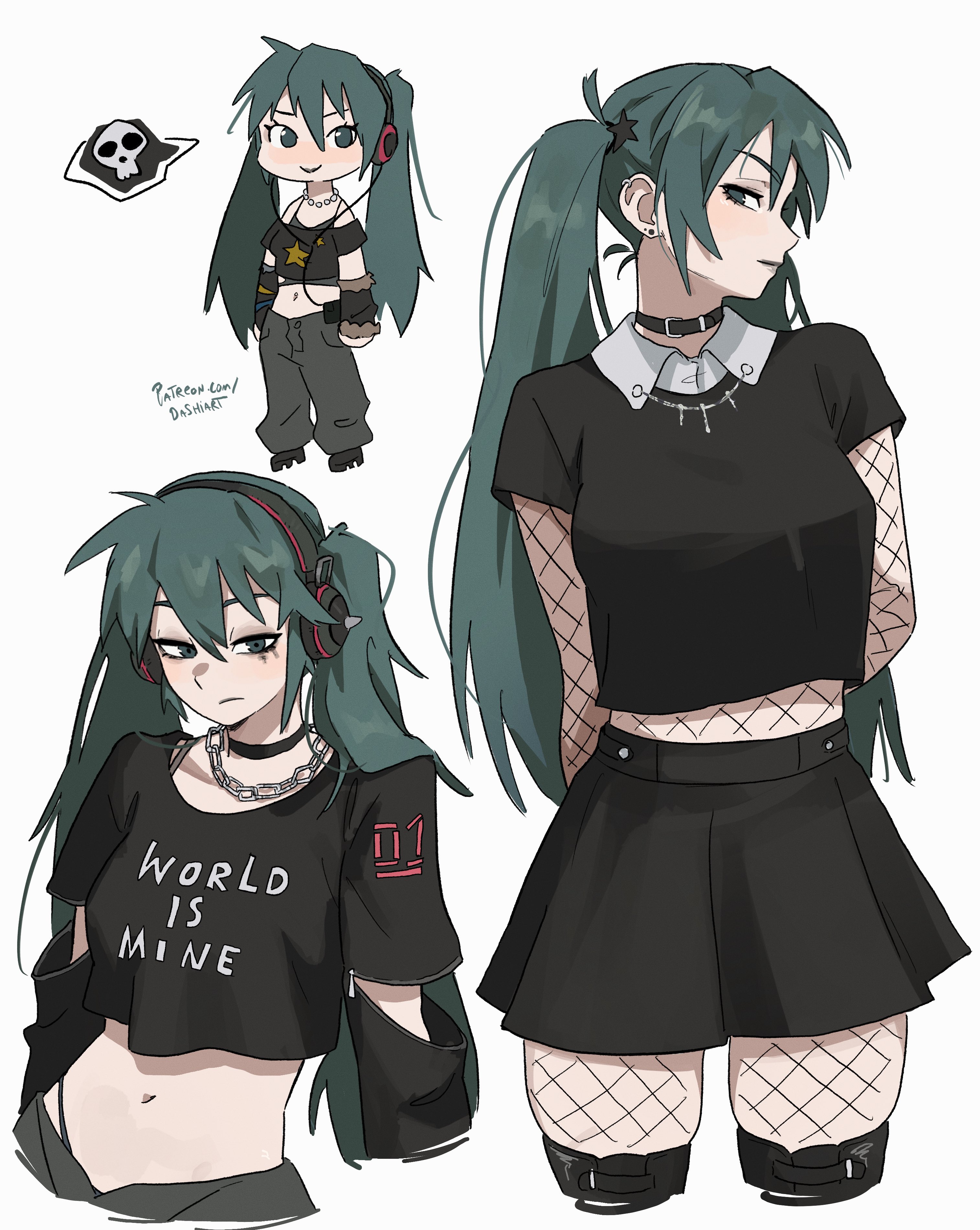 dashi (dashiart), hatsune miku, vocaloid, walkman, absurdres, commentary, highres, symbol-only commentary, 1girl, aqua hair, belt collar, black pants, black shirt, black skirt, bodystocking, cable, collar, fishnet bodystocking, fishnet pantyhose, fishnets, goth fashion, long hair, midriff, multiple views, navel, pants, pantyhose, print shirt, shirt, simple background, skirt, speech bubble, spoken skull, twintails, watermark, web address, white background