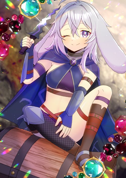 kou hiyoyo, original, commentary, commentary request, commission, english commentary, engrish commentary, skeb commission, 1girl, ;), animal ears, breasts, closed mouth, fingerless gloves, gem, gloves, hair between eyes, holding, holding weapon, lop rabbit ears, medium breasts, one eye closed, purple eyes, rabbit ears, rabbit girl, sitting, smile, solo, treasure chest, weapon