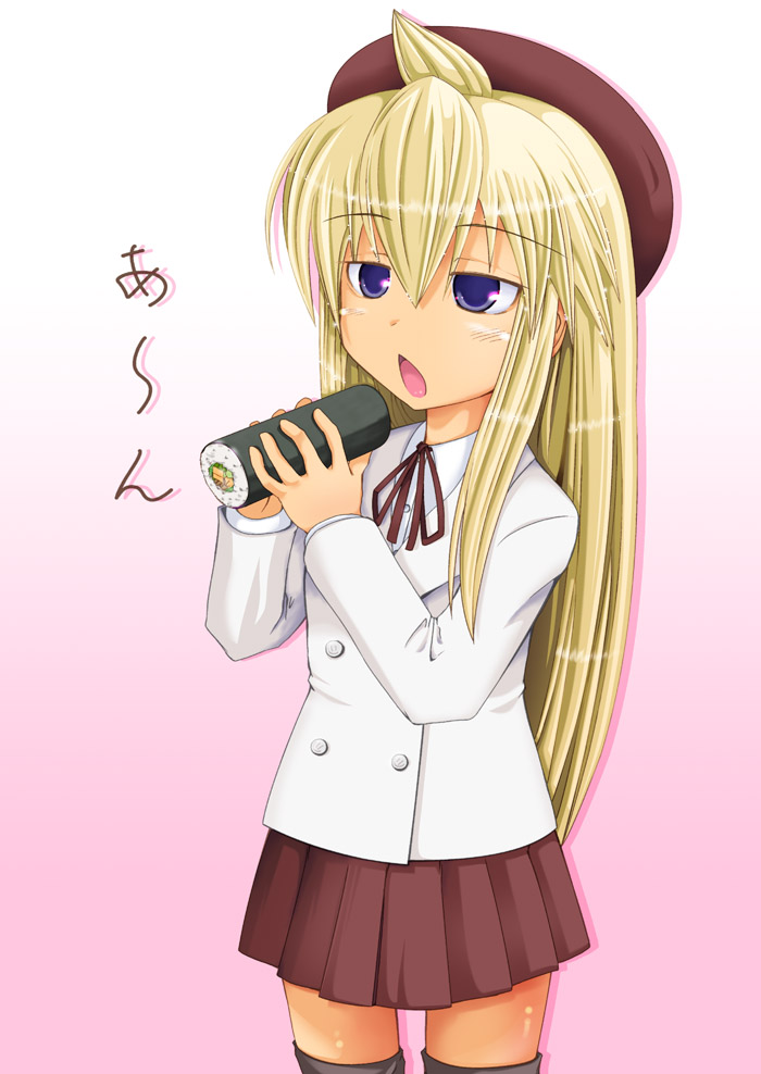 kazuboh, minami chiaki, minami-ke, 00s, 1girl, ahoge, ehoumaki, female focus, food, hat, makizushi, setsubun, solo, sushi