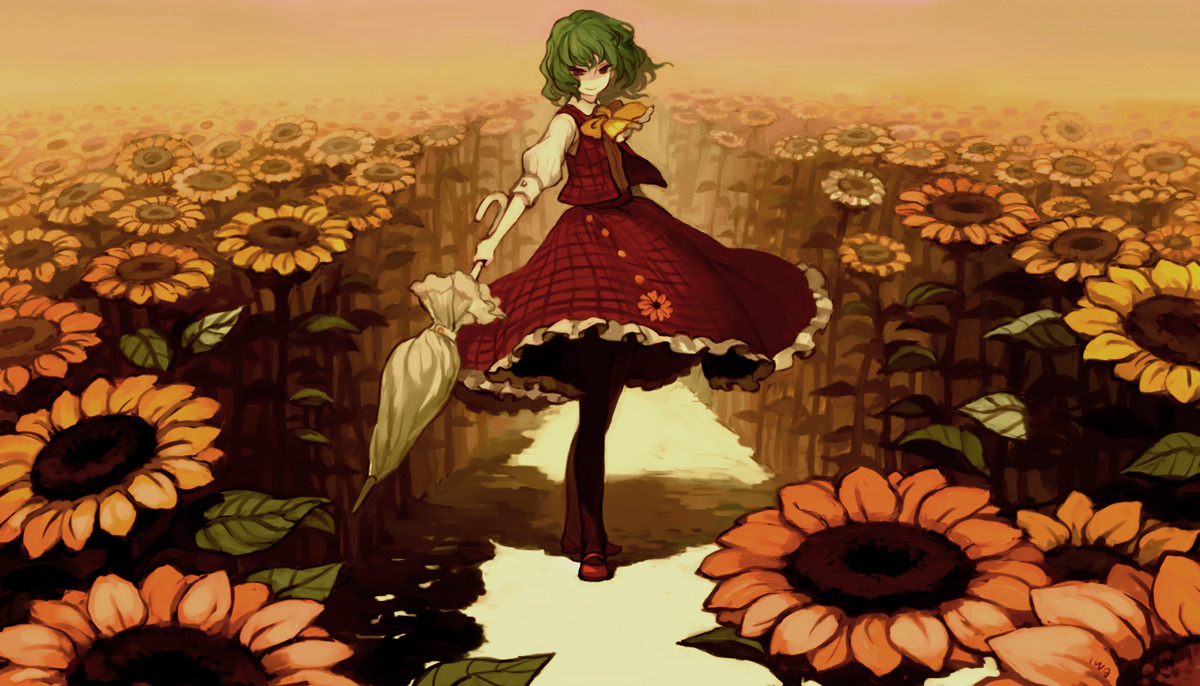 iwamoto zerogo, kazami yuuka, touhou, 1girl, ascot, black pantyhose, blouse, closed umbrella, female focus, field, flower, flower field, green hair, kaitenroji, leaf, mary janes, necktie, pantyhose, parasol, plaid clothes, plaid skirt, plaid vest, red eyes, shirt, shoes, short hair, skirt, skirt set, smile, solo, standing, sunflower, sunflower field, umbrella, vest