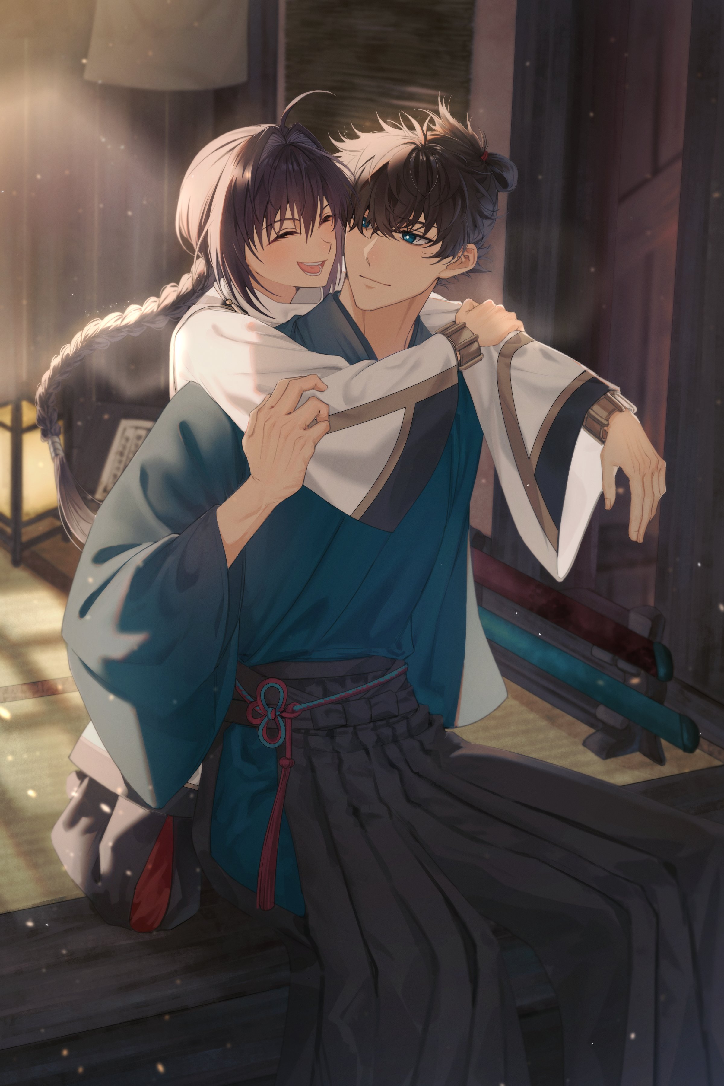 miyamoto iori (fate), yamato takeru (fate), fate/samurai remnant, fate (series), absurdres, highres, 1boy, 1other, ahoge, androgynous, architecture, black hakama, blue kimono, bomu (dokbom), bracelet, braid, closed eyes, closed mouth, east asian architecture, hakama, hug, hug from behind, japanese clothes, jewelry, katana, kimono, long braid, long sleeves, necklace, open mouth, other with male, sheath, sheathed, sidelocks, single braid, sitting, smile, sword, tatami, topknot, weapon