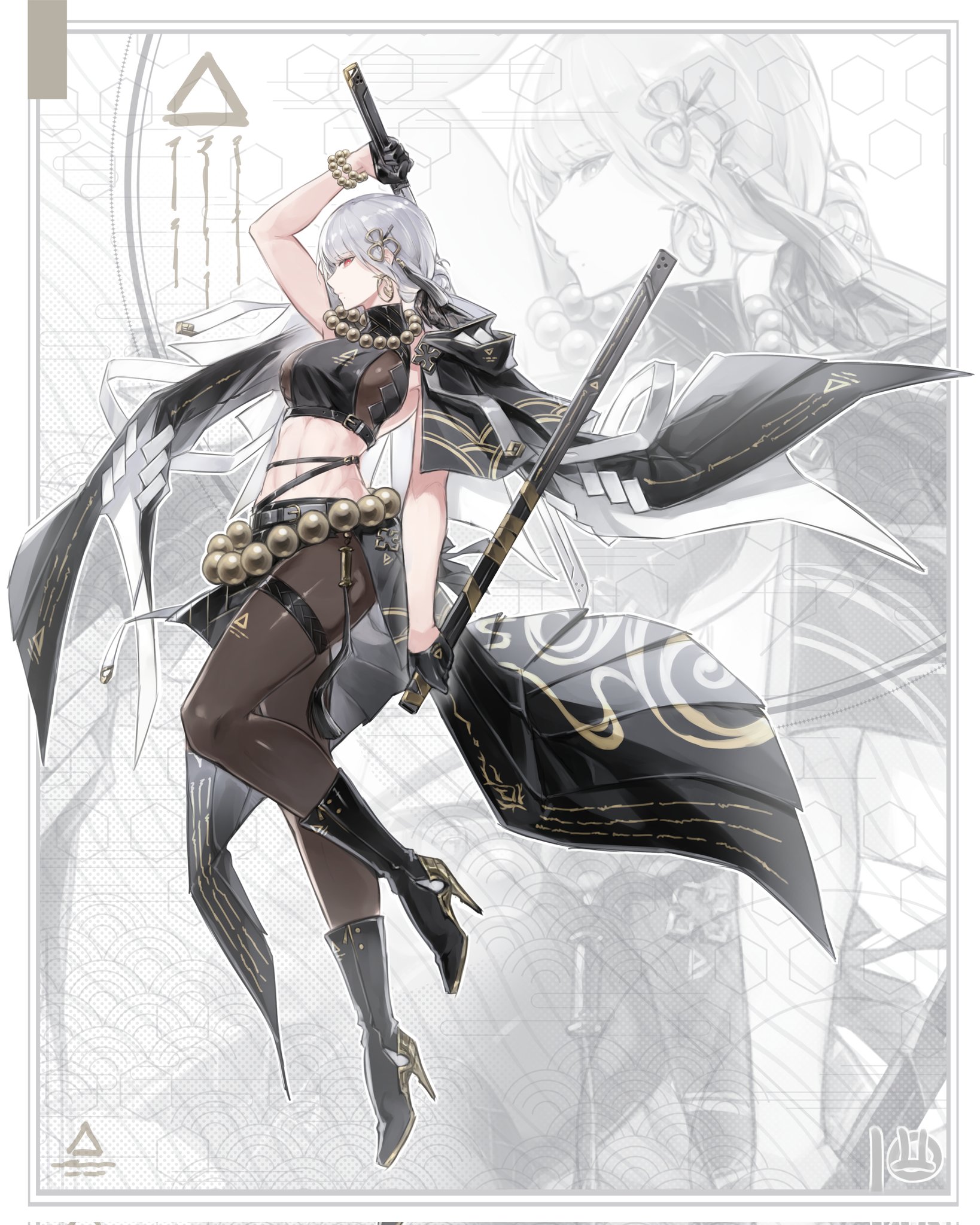 laksana iman, sanhua (wuthering waves), wuthering waves, commentary, corrupted twitter file, english commentary, highres, 1girl, arm up, bead necklace, beads, black gloves, black jacket, black pantyhose, black shirt, black skirt, bracelet, closed mouth, crop top, full body, gloves, grey hair, half gloves, high heels, holding, holding sheath, holding sword, holding weapon, jacket, jacket on shoulders, jewelry, linea alba, long skirt, navel, necklace, pantyhose, red eyes, scabbard, sheath, shirt, short hair, side slit, sideways glance, skirt, solo, stomach, sword, thigh strap, unsheathed, weapon, zoom layer