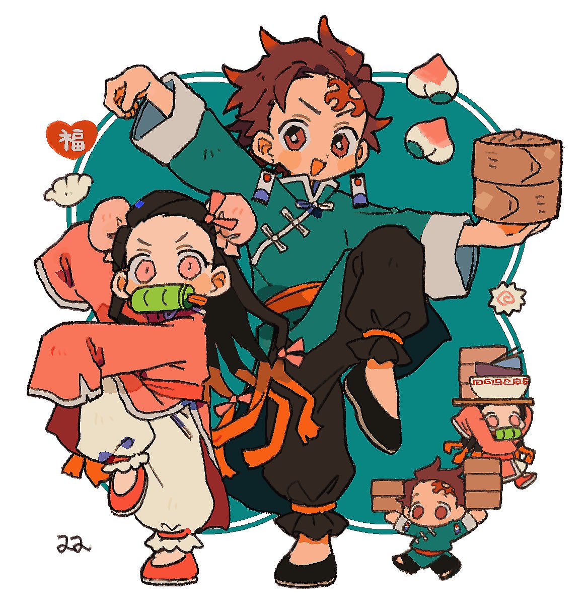zettai 22, kamado nezuko, kamado tanjirou, kimetsu no yaiba, highres, 1boy, 1girl, black hair, black pants, black shoes, brown hair, chibi, chinese clothes, flower, full body, hand up, long hair, mouth hold, multiple views, open mouth, pants, pink eyes, puffy pants, shoes, short hair, smile, standing, standing on one leg, white background, white pants