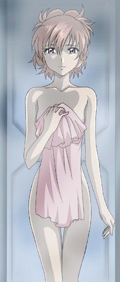 hanzou, lacus clyne, gundam, gundam seed, gundam seed destiny, 00s, 1girl, arm at side, breasts, collarbone, covering breasts, covering privates, female focus, green eyes, looking at viewer, naked towel, nude, nude cover, pink hair, short hair, solo, standing, thigh gap, towel