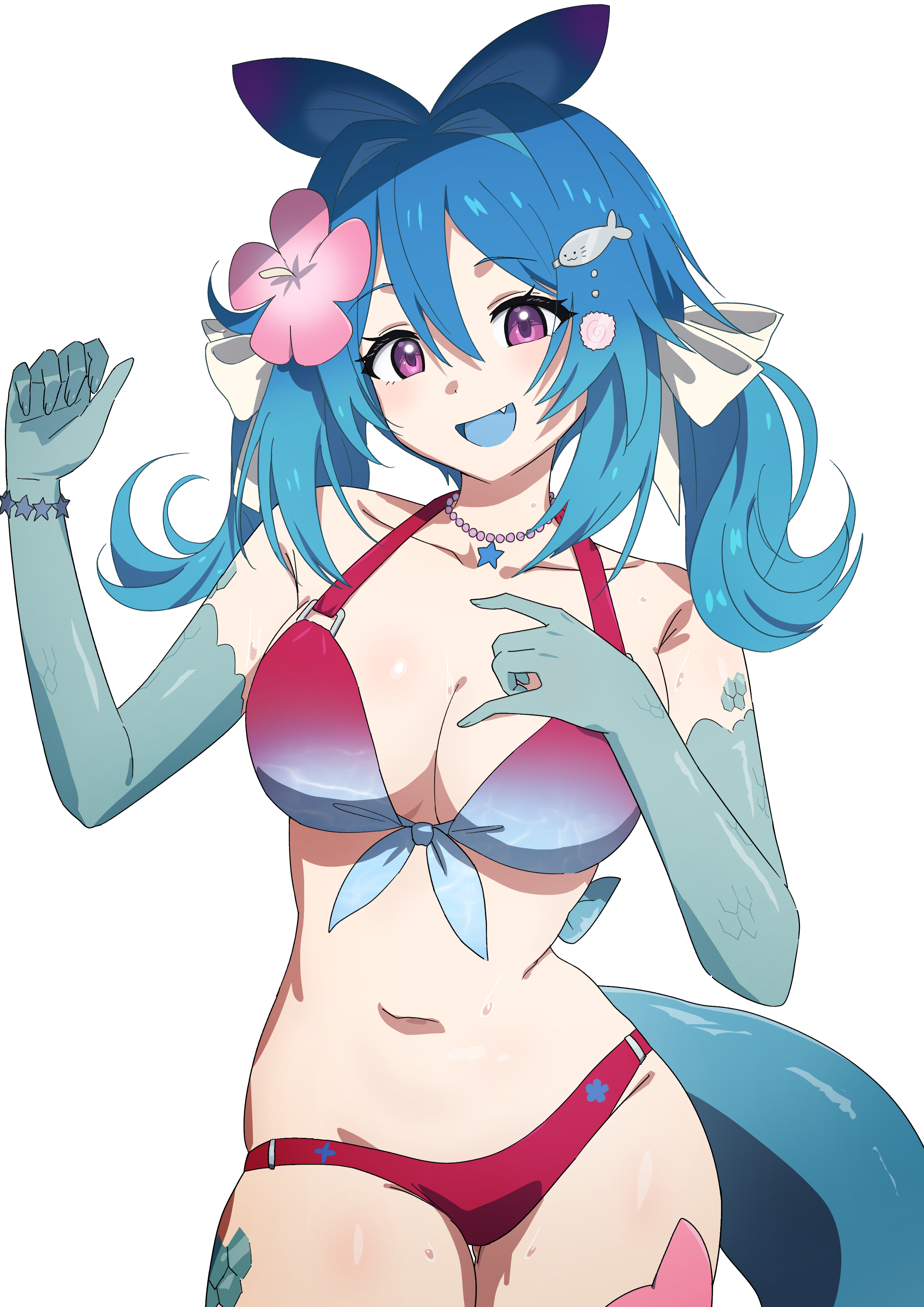 misaki nonaka, lazuli (vtuber), indie virtual youtuber, absurdres, highres, second-party source, 1girl, bikini, blue hair, blue tongue, breasts, cleavage, collarbone, colored tongue, flower, gradient bikini, hair flower, hair intakes, hair ornament, hair ribbon, jewelry, navel, necklace, open mouth, pink bikini, pink flower, purple eyes, ribbon, scales, smile, solo, swimsuit, tail, transparent background, virtual youtuber, white ribbon