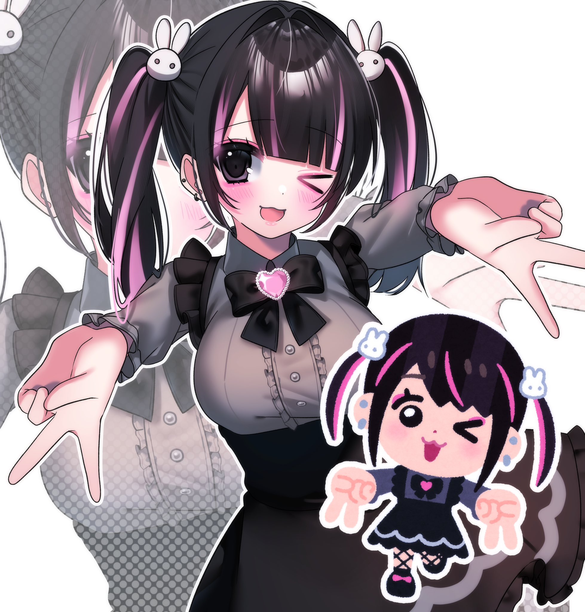usausausabarasi, original, commentary, highres, > o, 1girl, :3, black bow, black hair, black skirt, blush, bow, brooch, chibi, chibi inset, cowboy shot, double v, ear piercing, grey shirt, gyaru v, hair ornament, heart, heart brooch, jewelry, jirai kei, long hair, long sleeves, multicolored hair, multiple views, one eye closed, outstretched arms, piercing, pink brooch, rabbit hair ornament, shirt, shirt tucked in, skirt, streaked hair, suspender skirt, suspenders, twintails, v