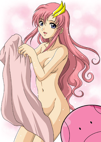 hanzou, haro, lacus clyne, gundam, gundam seed, gundam seed destiny, lowres, 00s, 1girl, :d, ball, breasts, brown eyes, censored, cleavage, collarbone, completely nude, convenient censoring, curly hair, female focus, hair ornament, hairclip, long hair, looking at viewer, medium breasts, navel, nude, open mouth, pink hair, sidelocks, smile, solo, standing, towel, very long hair