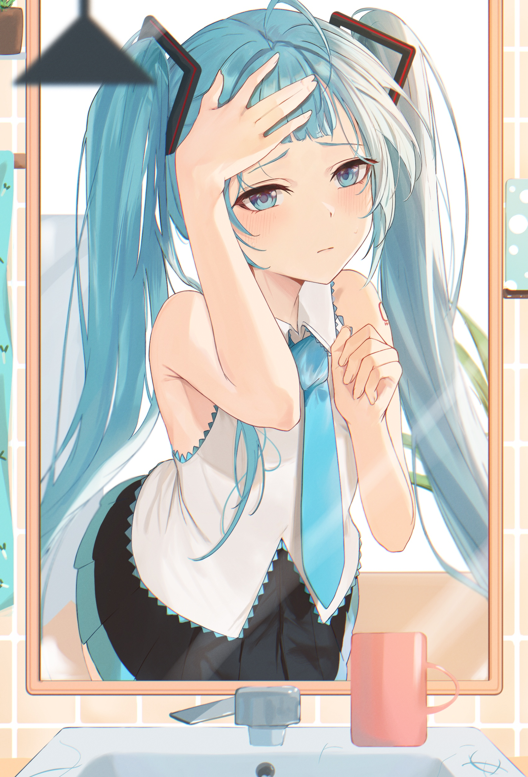 tsui (dfjw5724), hatsune miku, vocaloid, absurdres, commentary request, highres, 1girl, aqua eyes, aqua hair, aqua necktie, bathroom, black skirt, blunt bangs, blush, cup, grey shirt, hand on own forehead, indoors, long hair, looking at mirror, mirror, necktie, pleated skirt, shirt, sink, skirt, sleeveless, sleeveless shirt, solo, twintails