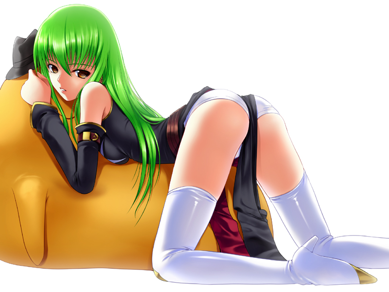 40010prototype, c.c., cheese-kun, code geass, pizza hut, 00s, 1girl, ass, boots, detached sleeves, female focus, green hair, long hair, panties, solo, thigh boots, thighhighs, underwear
