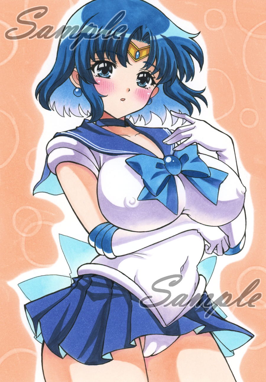 miyakooo0420, mizuno ami, sailor mercury, bishoujo senshi sailor moon, highres, traditional media, 1girl, back bow, blue bow, blue bowtie, blue brooch, blue choker, blue eyes, blue hair, blue sailor collar, blue skirt, blush, bow, bowtie, choker, covered erect nipples, earrings, elbow gloves, gloves, jewelry, long hair, panties, pantyshot, sailor collar, sailor senshi uniform, shirt, short hair, skirt, solo, underwear, white gloves, white shirt