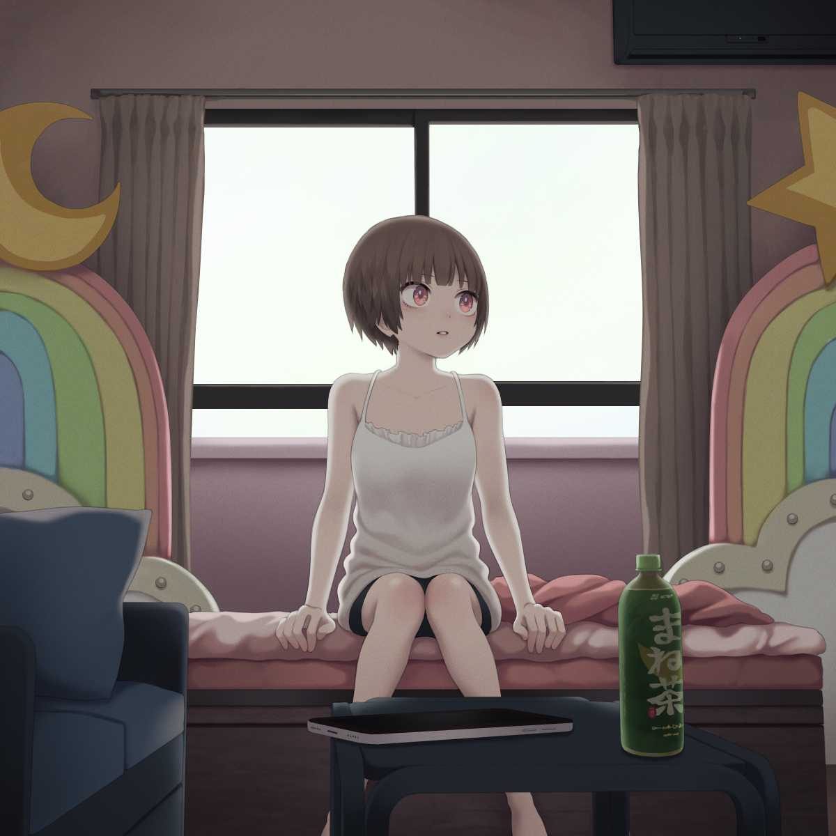 yajirushi (chanoma), original, highres, 1girl, brown hair, collarbone, indoors, on bed, parted lips, rainbow, short hair, sitting, solo, star (symbol), window