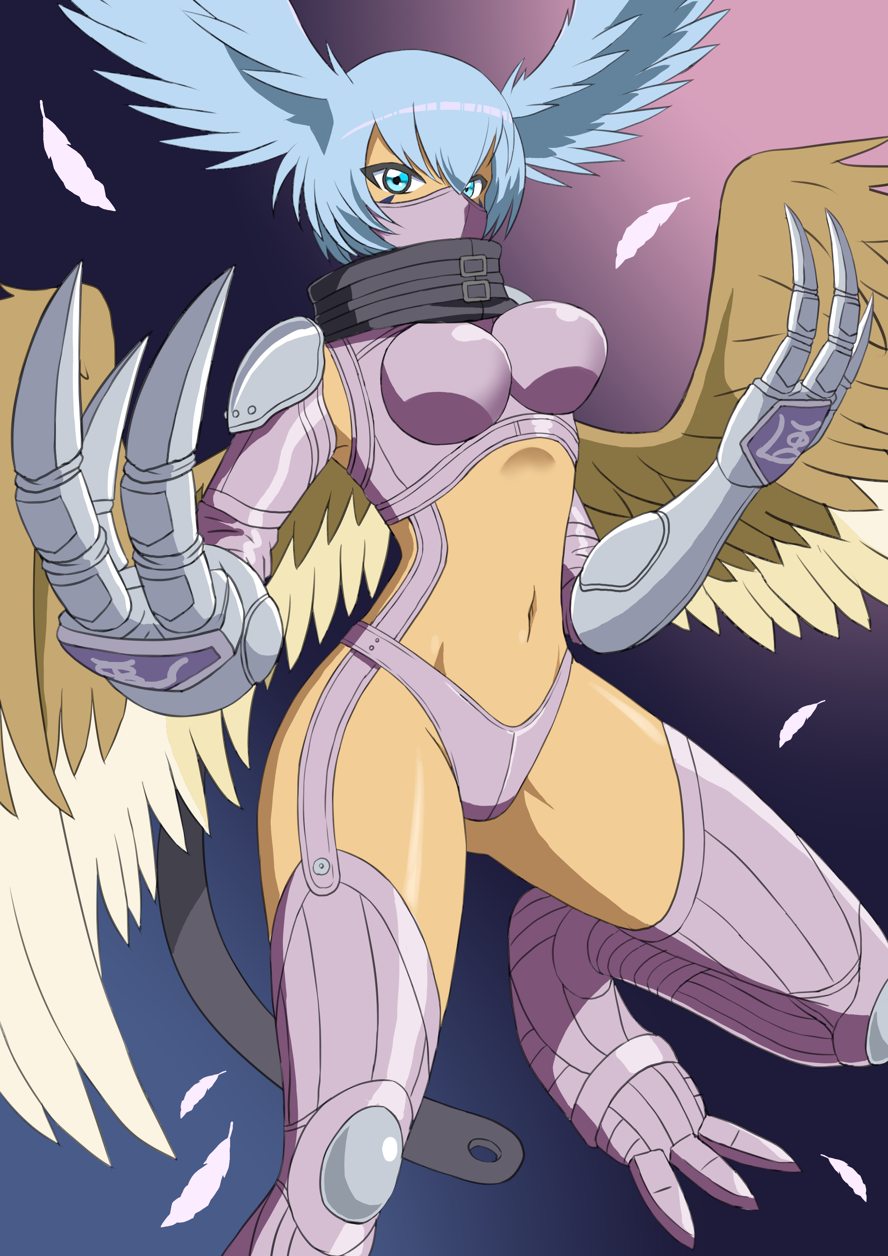 zettabyte, shutumon, digimon, 1girl, armor, bird wings, blue eyes, blue hair, breasts, curvy, digimon (creature), feathers, gauntlets, hair wings, head wings, looking at viewer, mask, mouth mask, navel, panties, scarf, shoulder armor, thighhighs, thighs, underwear, wings