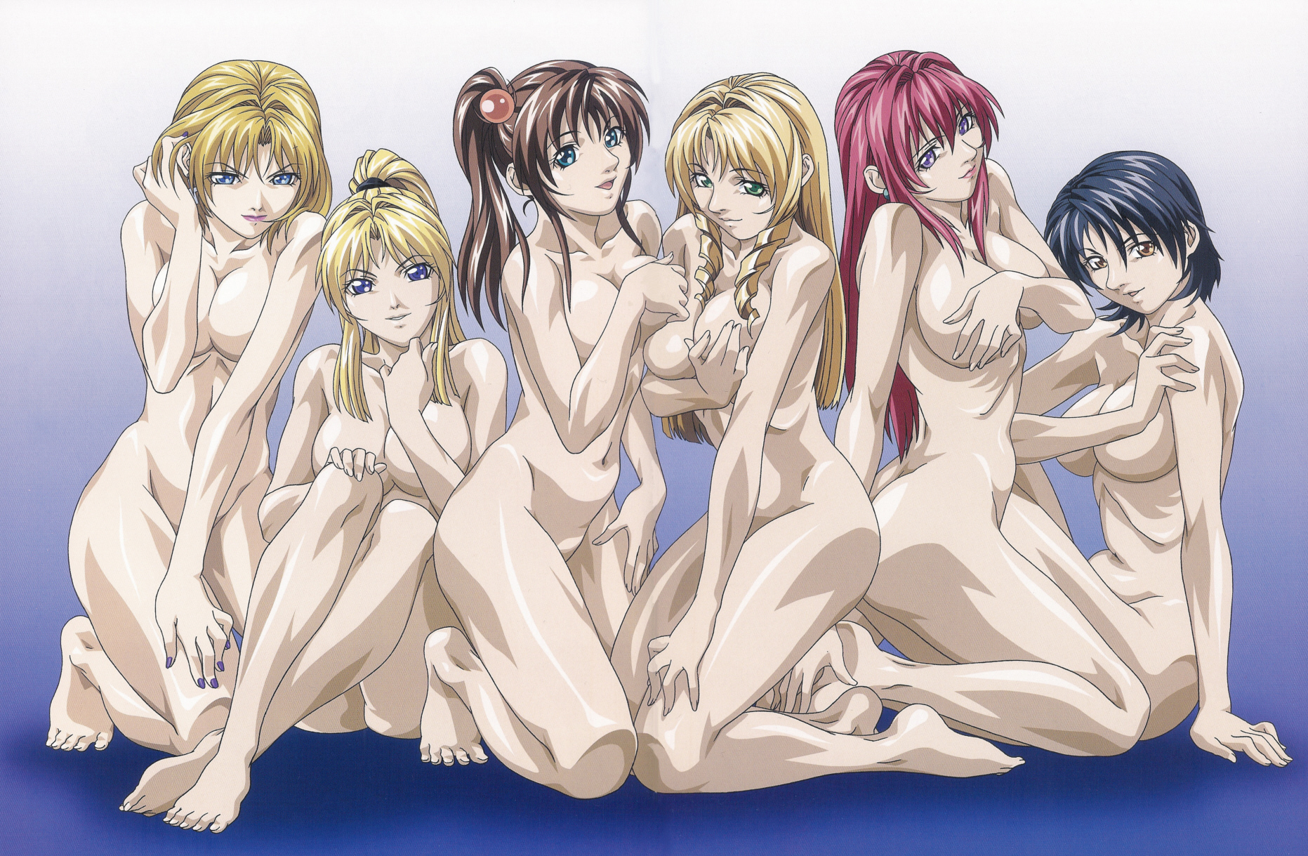 kein yachimata, yoshiten, imari kurumi, kitami reika, minase yukiko, saeki kaori, shiraki rika, takashiro hiroko, bible black, breast hold, highres, official art, 00s, 6+girls, adjusting hair, aqua eyes, arm support, ass, asymmetrical docking, barefoot, blonde hair, blue eyes, blue hair, breast press, breasts, breasts squeezed together, brown eyes, brown hair, cleavage, completely nude, covering breasts, covering privates, crossed legs, curvy, drill hair, earrings, feet, female focus, full body, gradient background, green eyes, groin, hair bobbles, hair ornament, harem, head tilt, high ponytail, jewelry, kneeling, large breasts, lineup, lipstick, long hair, looking at viewer, makeup, multiple girls, nail polish, nude, nude cover, orange eyes, pink hair, ponytail, purple eyes, purple nails, red hair, ribs, school nurse, shiny skin, short hair, side ponytail, sitting, smile, take your pick, teacher, toes, twin drills, twintails, wide hips, yellow eyes