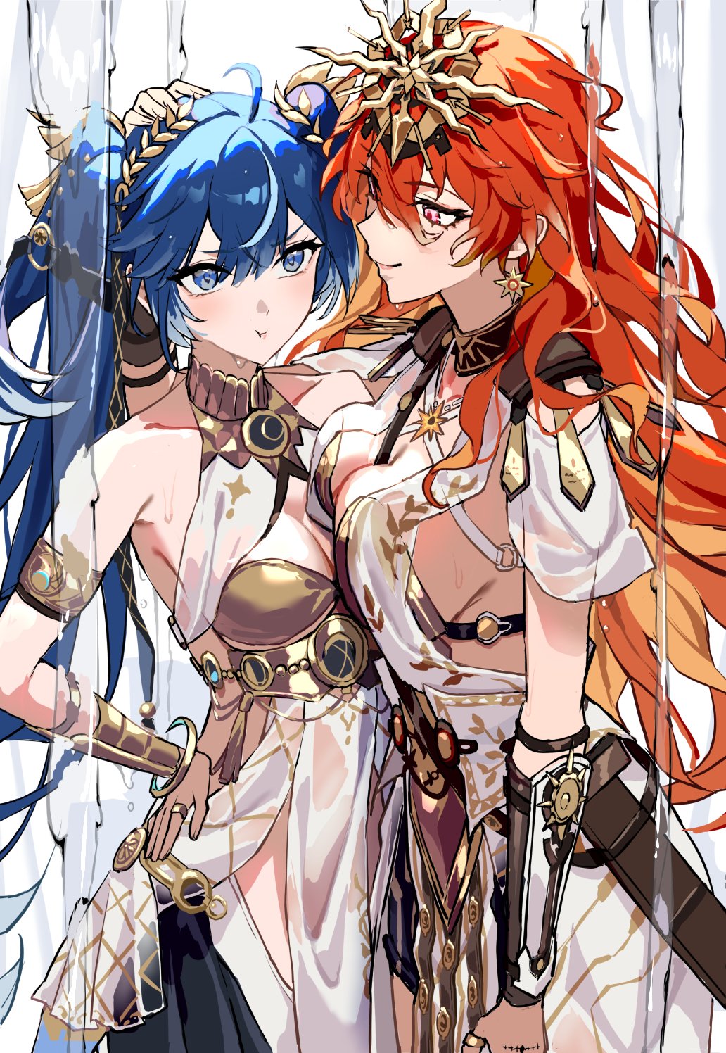 uuroncha, augusta (wuthering waves), iuno (wuthering waves), wuthering waves, highres, 2girls, :t, ahoge, ancient greek clothes, arm armor, bare shoulders, blue eyes, blue hair, breasts, cleavage, closed mouth, colored inner hair, dress, earrings, gold bra, greco-roman clothes, hair belt, hair between eyes, hand on own hip, head wreath, headgear, jewelry, long hair, looking at another, medium breasts, multicolored hair, multiple girls, orange hair, pout, red eyes, sheath, smile, sun earrings, sun necklace, tacet mark (wuthering waves), wet, white dress