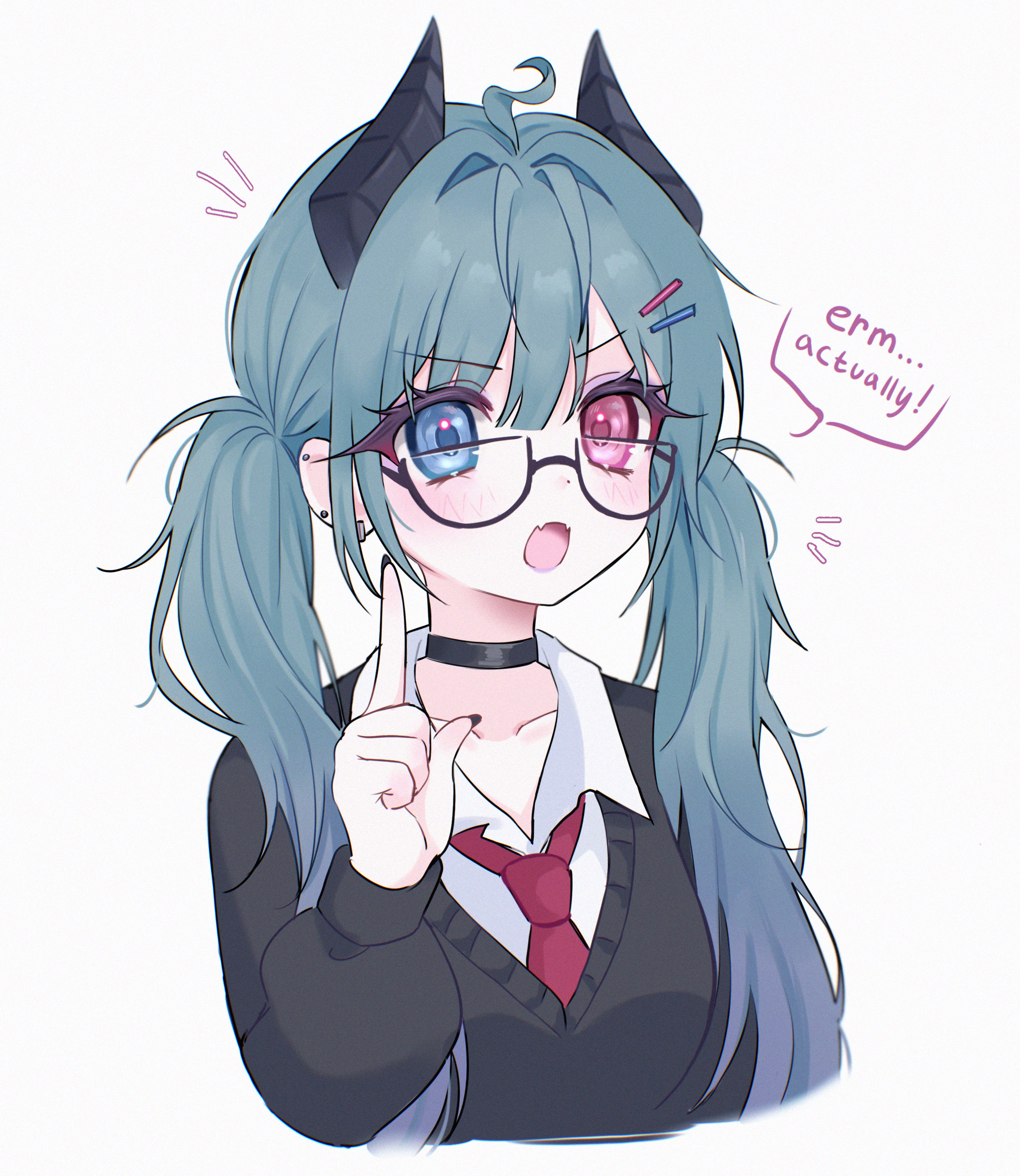 zxcsque, aruna reaver, indie virtual youtuber, absurdres, highres, second-party source, 1girl, ahoge, aqua hair, black choker, black horns, black sweater, blue eyes, choker, collared shirt, english text, fang, gradient hair, horns, long hair, multicolored hair, necktie, open mouth, pink eyes, red necktie, semi-rimless eyewear, shirt, skin fang, solo, speech bubble, sweater, twintails, upper body, virtual youtuber, white background, white shirt