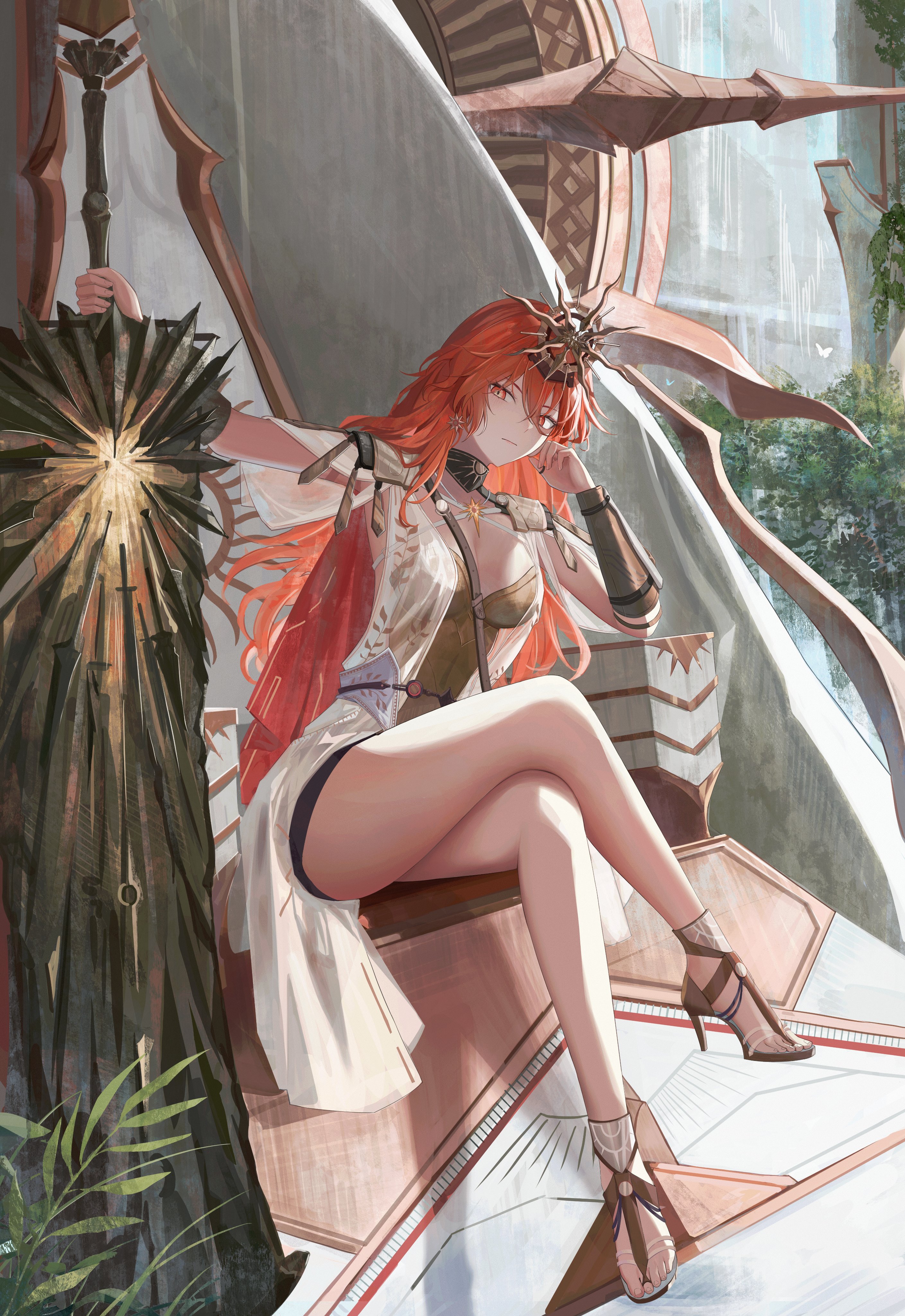 jenmin12, augusta (wuthering waves), wuthering waves, absurdres, commentary, highres, 1girl, arm armor, armor, bare legs, breastplate, breasts, closed mouth, crossed legs, dress, earrings, greatsword, hair between eyes, headgear, high heels, holding, holding sword, holding weapon, jewelry, legs, long hair, looking at viewer, medium breasts, orange eyes, orange hair, sitting, solo, sun earrings, sword, thighs, weapon, white dress