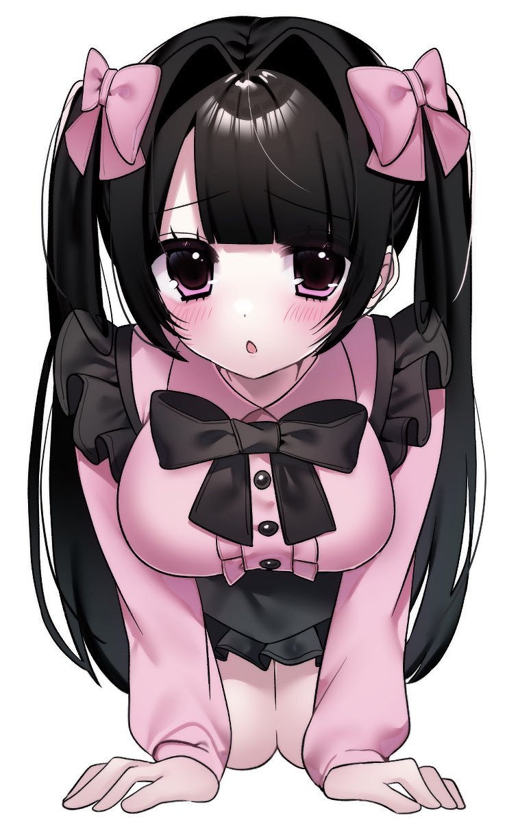 usausausabarasi, original, highres, 1girl, all fours, black bow, black skirt, blush, bow, frilled skirt, frills, hair between eyes, hair bow, hair intakes, jirai kei, long hair, long sleeves, looking at viewer, open mouth, pink bow, pink shirt, shirt, simple background, skirt, sleeves past wrists, solo, twintails, white background