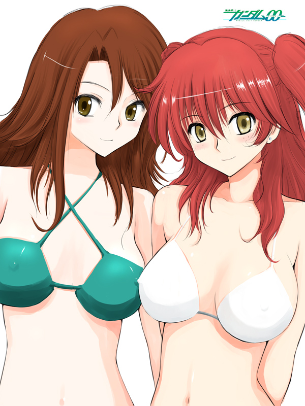 niwatori kokezou, nena trinity, sumeragi lee noriega, gundam, gundam 00, 00s, bikini, blush, brown eyes, brown hair, freckles, red hair, swimsuit, yellow eyes
