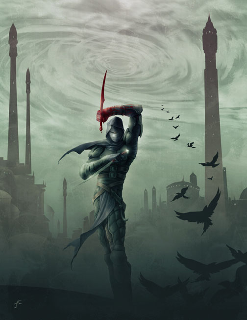 artist request, 1boy, assassin, bandages, belt, bird, blood, cloud, crow, hood, knife, male focus, night, silhouette, sky, solo, standing, swirl, tower, weapon