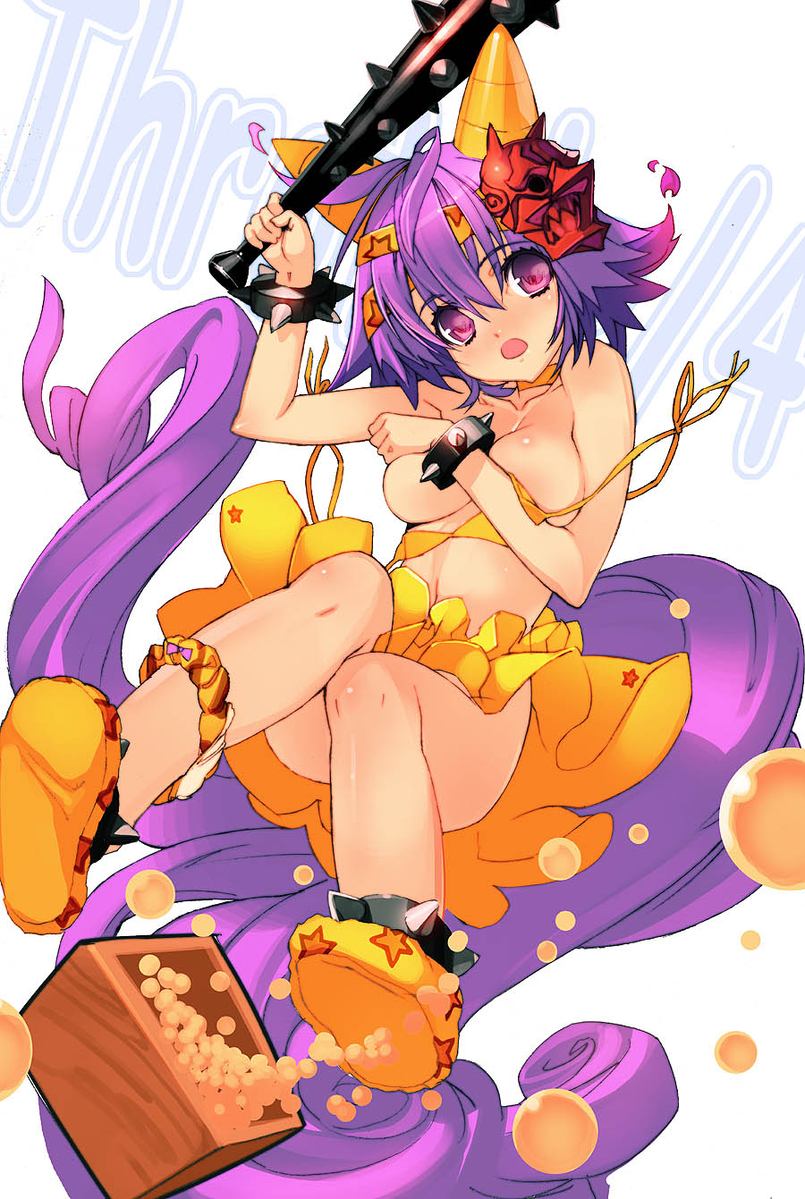 sanbasou, original, breast hold, highres, 1girl, breasts, cleavage, club, club (weapon), demon girl, female focus, horns, kanabou, long hair, mamemaki, mask, masu, oni, oni mask, purple eyes, purple hair, setsubun, solo, topless female, very long hair, wardrobe malfunction, weapon