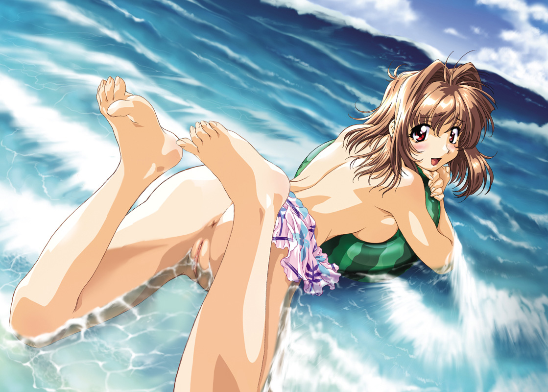 taki minashika, kawai rie, lovers (game), toe-point, 1girl, antenna hair, anus, ass, back, ball, barefoot, beach, beachball, blush, breasts, brown hair, caustics, clothes lift, day, embarrassed, feet, female focus, food, from behind, from side, fruit, hair between eyes, hair intakes, holding, holding food, holding fruit, innertube, large breasts, looking at viewer, looking back, no panties, open mouth, outdoors, pussy, raised eyebrows, red eyes, sarong, sarong lift, skirt, skirt lift, solo, spread legs, swim ring, toenails, toes, topless female, uncensored, upskirt, water, watermelon