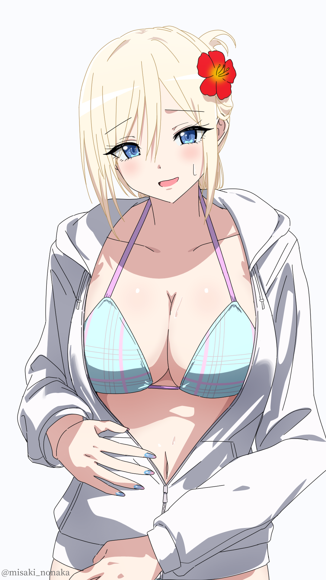 misaki nonaka, original, highres, 1girl, bikini, blue bikini, blue eyes, blue nails, breasts, cleavage, copyright notice, flower, hair between eyes, hair flower, hair ornament, hood, hood down, hooded jacket, jacket, long sleeves, navel, open mouth, partially unzipped, red flower, solo, sweatdrop, swimsuit, white background, white jacket