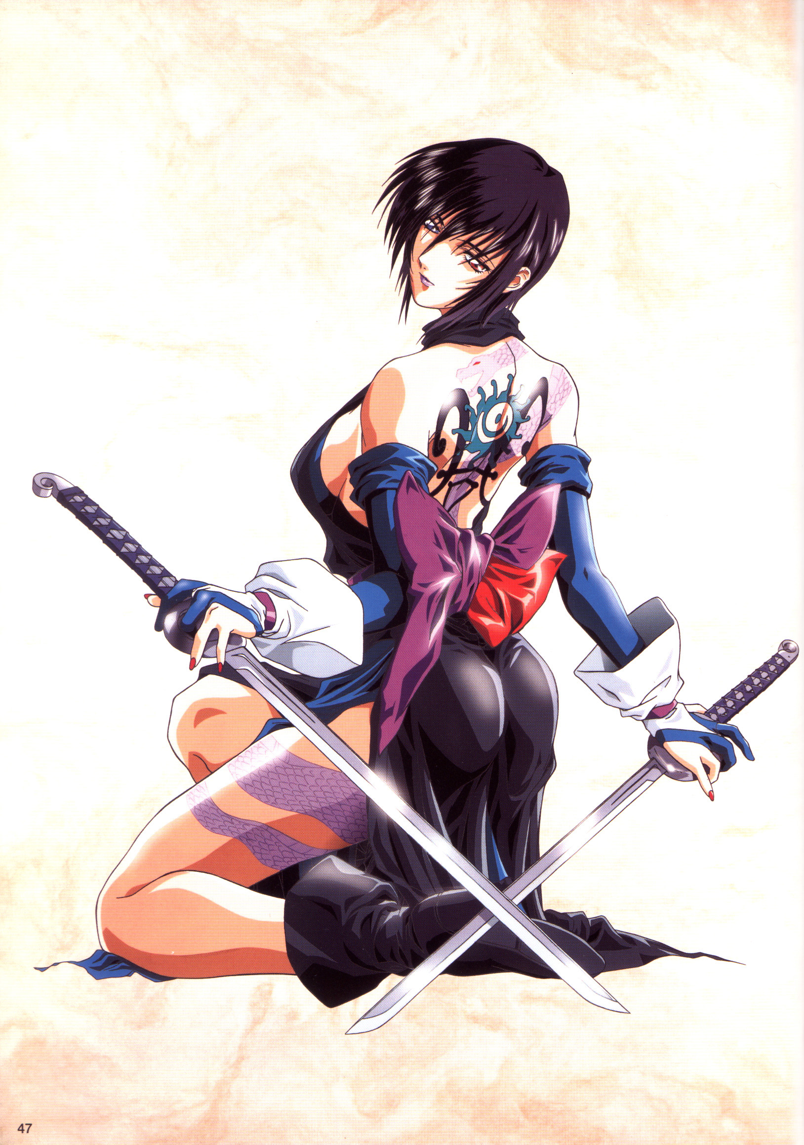 yokota mamoru, shiki (samurai spirits), samurai spirits, highres, scan, 1girl, back, back tattoo, backless outfit, black hair, boots, bow, breasts, detached sleeves, female focus, gloves, heterochromia, kneeling, large breasts, lipstick, looking back, makeup, nail polish, on one knee, red nails, short hair, sideboob, solo, sword, tattoo, very short hair, weapon