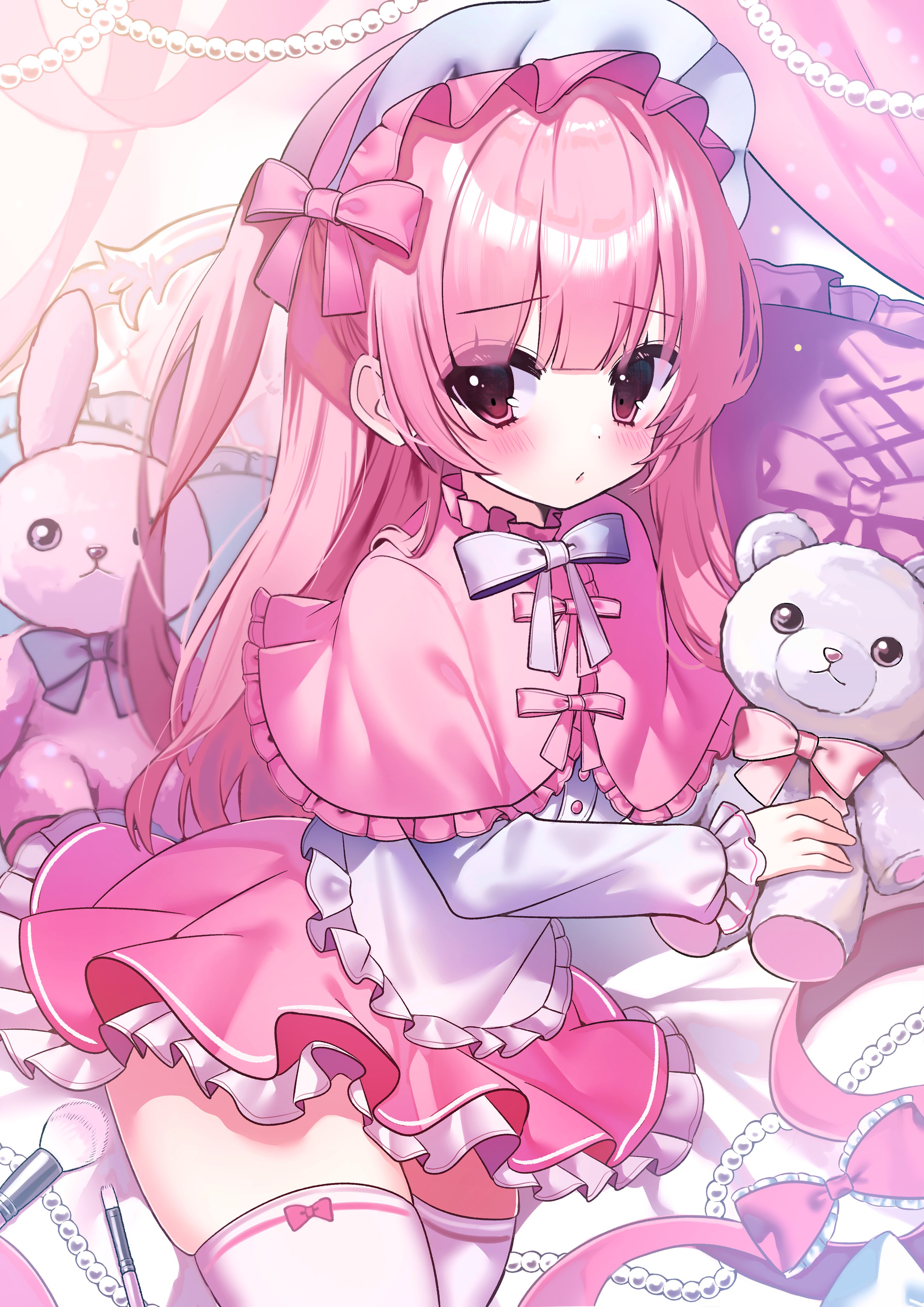 usausausabarasi, original, absurdres, commentary, highres, 1girl, apron, blush, bow, capelet, closed mouth, frilled apron, frilled capelet, frilled headwear, frilled skirt, frills, hair between eyes, half updo, high collar, holding, holding stuffed toy, light particles, long hair, long sleeves, looking to the side, on bed, pink bow, pink capelet, pink hair, pink skirt, purple bow, shirt, side ponytail, skirt, solo, stuffed animal, stuffed rabbit, stuffed toy, teddy bear, thighhighs, white apron, white headdress, white shirt