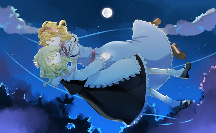 umishima senbon, alice margatroid, kirisame marisa, touhou, white legwear, bad id, bad pixiv id, 2girls, apron, black dress, blonde hair, blue dress, capelet, dress, female focus, flying, frills, full body, full moon, girl on top, hairband, kiss, long sleeves, mary janes, moon, moonlight, multiple girls, night, night sky, no headwear, outdoors, pantyhose, puffy short sleeves, puffy sleeves, shoes, short hair, short sleeves, sky, star (sky), starry sky, waist apron, yuri