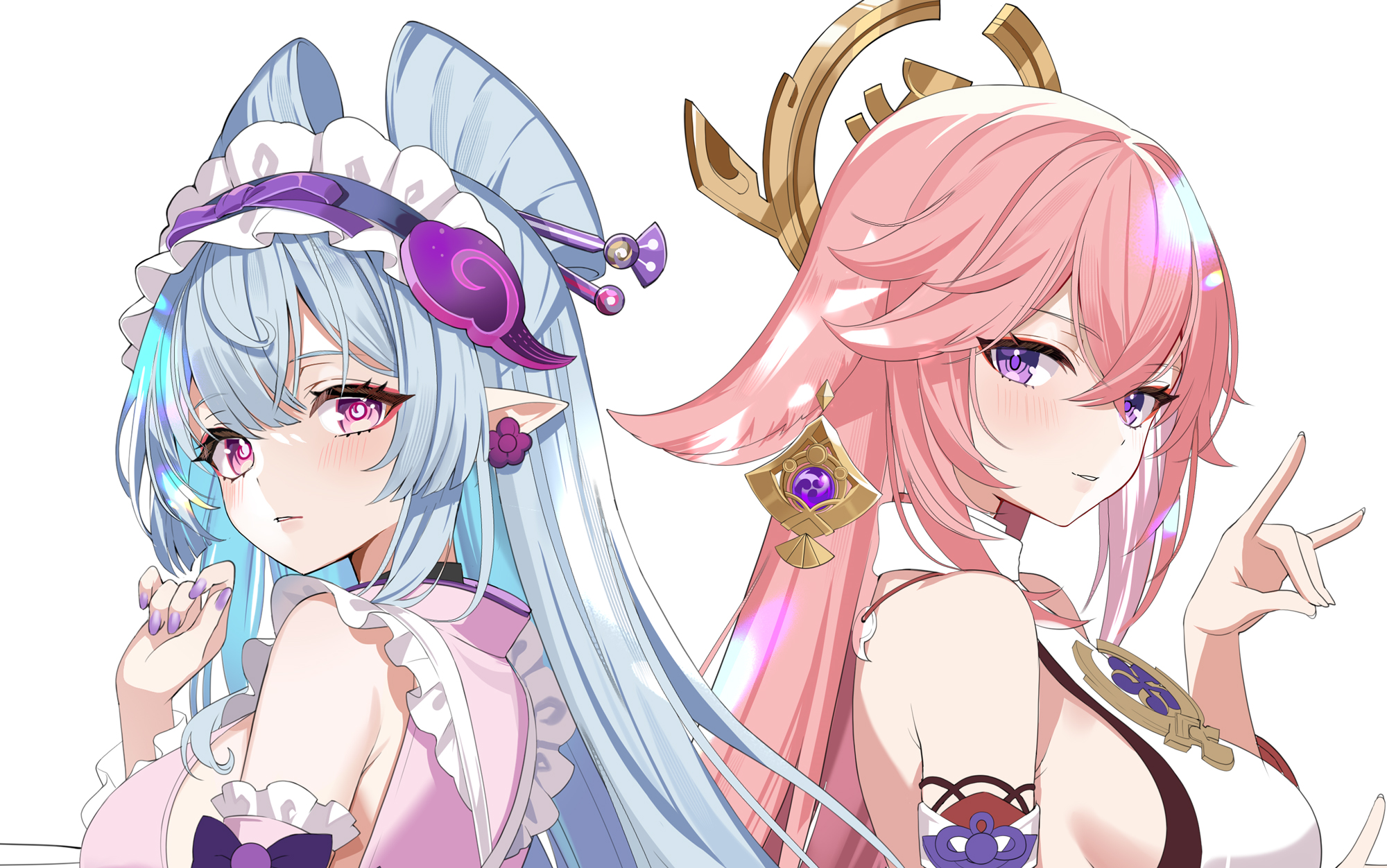 motsunuki, yae miko, yumemizuki mizuki, genshin impact, highres, 2girls, blue hair, blush, breasts, collar, detached sleeves, double-parted bangs, dress, earrings, electro symbol (genshin impact), flower, flower earrings, fox shadow puppet, hand up, japanese clothes, jewelry, looking at viewer, looking back, maid, maid headdress, miko, multiple girls, nontraditional miko, parted lips, pink dress, pink eyes, pink hair, pointy ears, purple eyes, purple flower, purple nails, shirt, sideboob, sidelocks, simple background, sleeveless, sleeveless shirt, vision (genshin impact), white background, white collar, white shirt