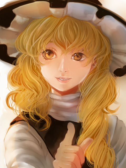 umishima senbon, kirisame marisa, touhou, bad id, bad pixiv id, 1girl, black hat, black vest, blonde hair, eyelashes, female focus, frills, hat, long hair, parted lips, pointing, pointing at viewer, shirt, solo, teeth, turtleneck, upper body, vest, white shirt, witch hat, yellow eyes