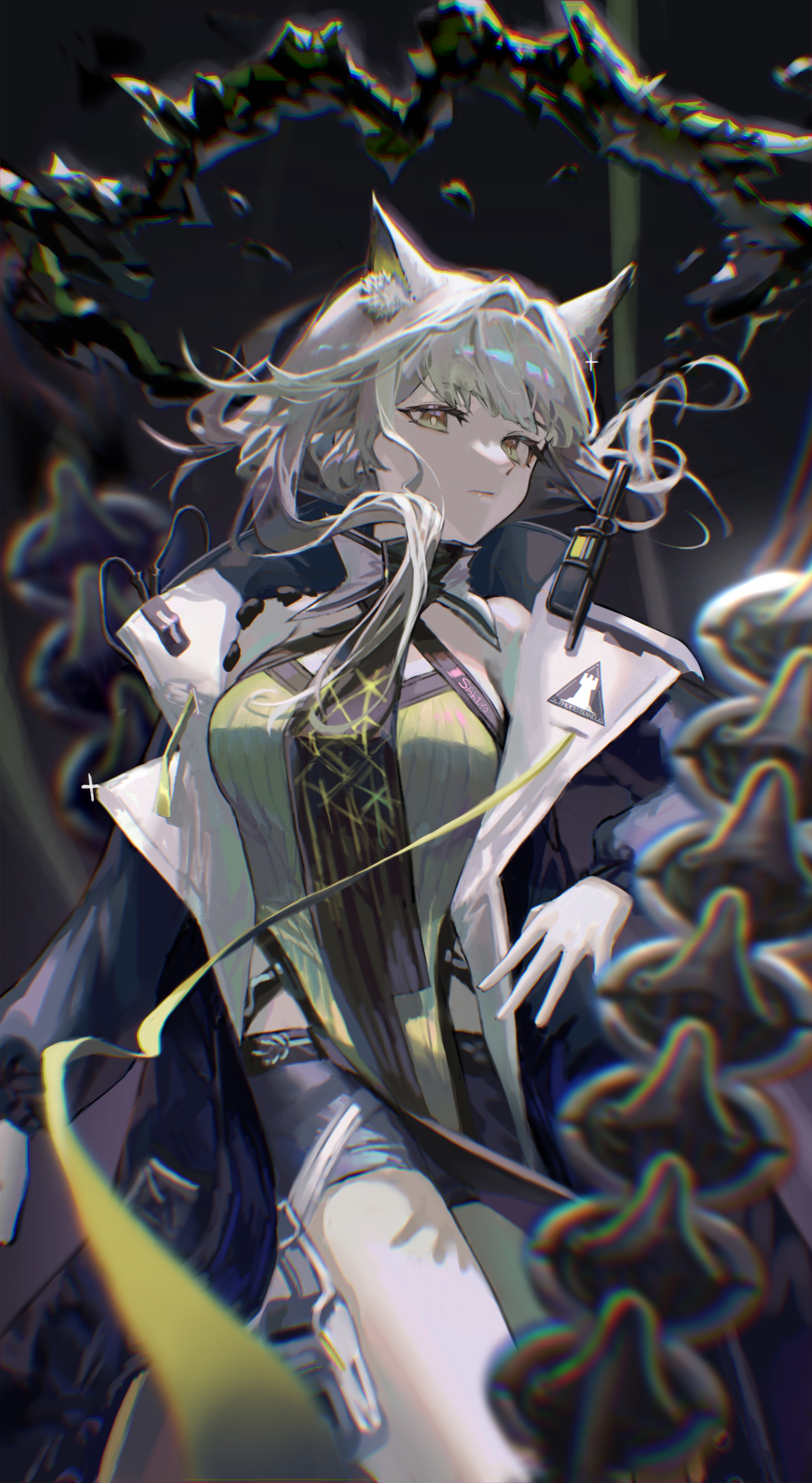sakiyo, kal'tsit (arknights), mon3tr (arknights), mon3tr (summon) (arknights), arknights, absurdres, commentary, highres, 1girl, animal ear fluff, animal ears, artist name, black coat, blurry, blurry background, blurry foreground, chromatic aberration, closed mouth, clothes writing, coat, depth of field, floating hair, green eyes, grey hair, long hair, looking at viewer, open clothes, open coat, rhodes island logo (arknights), solo
