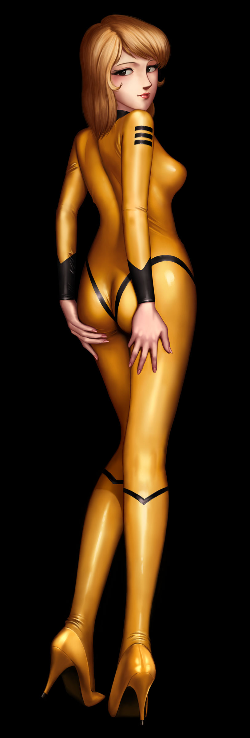 python (snake legs), mori yuki, uchuu senkan yamato, absurdres, highres, long image, tall image, 1970s (style), 1girl, ass, back, blonde hair, bodysuit, female focus, from behind, high heels, hip focus, latex, latex suit, legs, lipstick, makeup, oldschool, retro artstyle, shiny clothes, shoes, simple background, skin tight, solo, spandex, stiletto heels