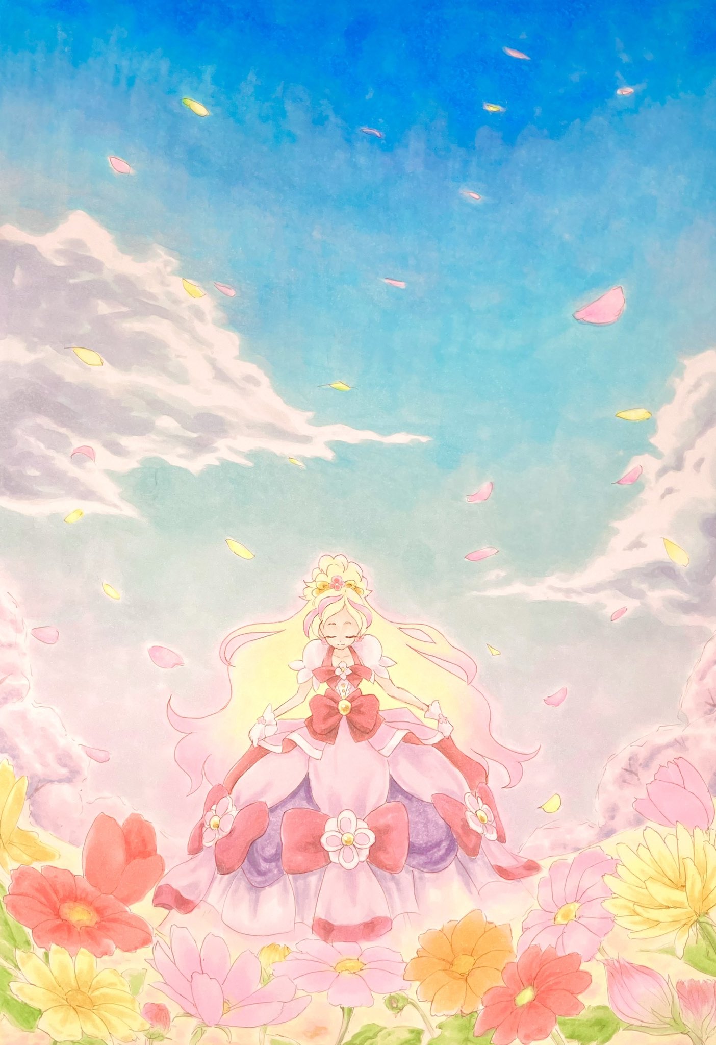 cure flora, haruno haruka, go! princess precure, precure, commentary, highres, traditional media, 1girl, blonde hair, blue sky, bow, closed eyes, closed mouth, cloud, dress, dress flower, falling petals, flower, gloves, gradient hair, long dress, long hair, m64480681mogura, magical girl, multicolored hair, orange flower, outdoors, petals, pink flower, pink gloves, pink hair, pink petals, puffy short sleeves, puffy sleeves, red bow, red flower, short sleeves, skirt hold, sky, smile, solo, standing, tiara, two-tone hair, very long hair, yellow flower, yellow petals