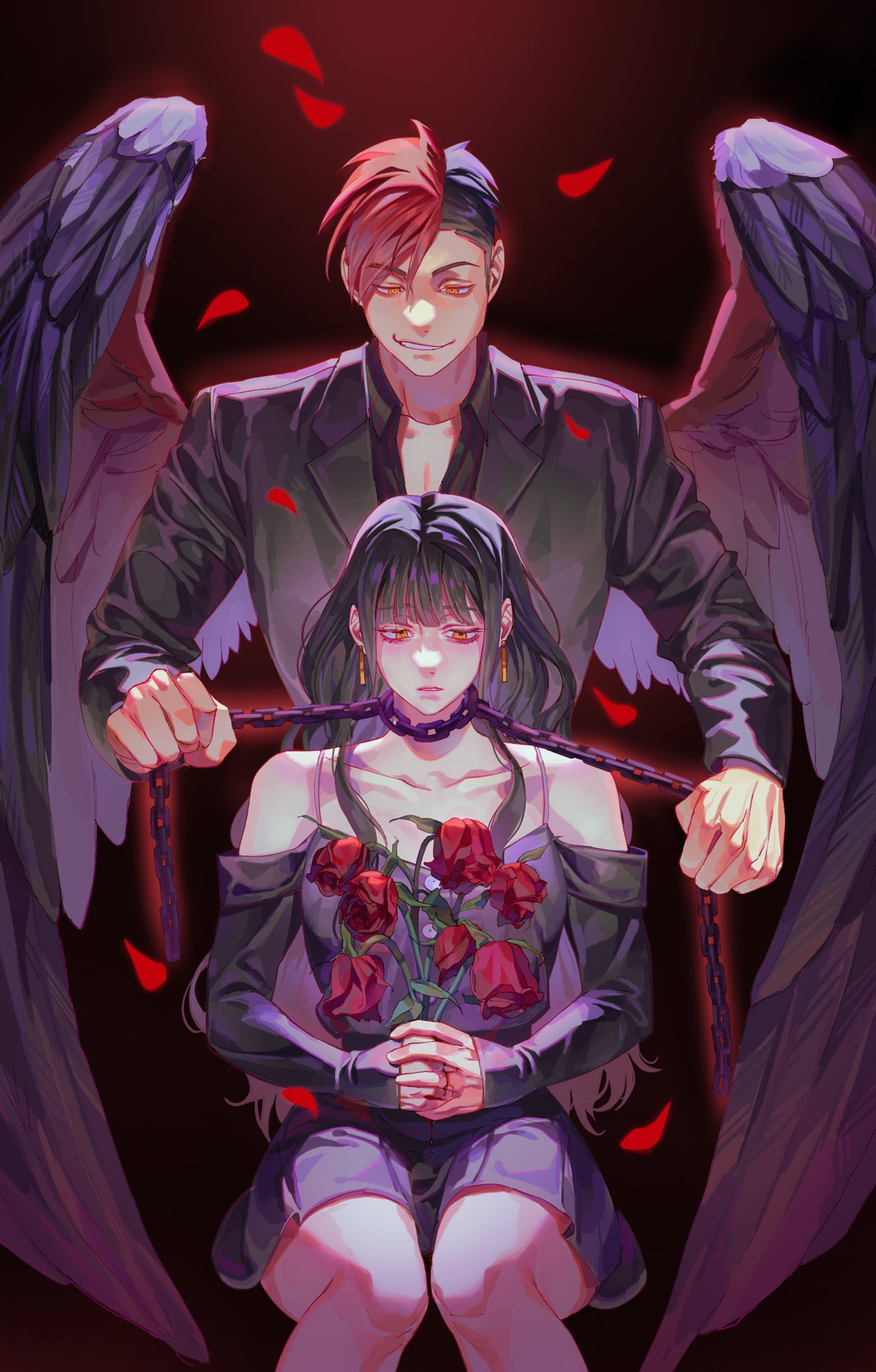 boyfriend to death, commission, highres, 1boy, 1girl, :d, black dress, black hair, black jacket, black shirt, black wings, cain zeitgeist, chain, chain leash, collared shirt, commissioner insert, detached sleeves, dress, earrings, exhausted, facing viewer, falling petals, feathered wings, flower, hair over shoulder, holding, holding flower, interlocked fingers, jacket, jewelry, knees together feet apart, leash, leash pull, long hair, looking at another, multicolored hair, open mouth, orange eyes, pectoral cleavage, pectorals, petals, red hair, shirt, sitting, smile, smirk, soureeeee, standing, tassel, tassel earrings, tulip, two-tone hair, wilted flower, wings