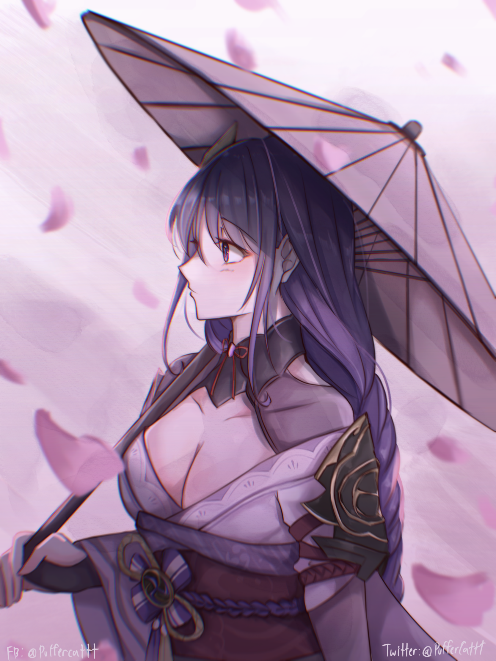 redqueen, raiden shogun, genshin impact, commentary, english commentary, highres, 1girl, armor, artist name, blurry, blurry background, braid, breasts, cherry blossoms, cleavage, closed mouth, clothing cutout, collarbone, eyeliner, falling petals, from side, hair between eyes, holding, holding umbrella, japanese clothes, kimono, large breasts, light blush, long braid, long hair, makeup, neck ribbon, off shoulder, oil-paper umbrella, petals, pink background, pink petals, purple eyes, purple hair, purple kimono, red eyeliner, red ribbon, red sash, ribbon, sash, shade, shoulder armor, shoulder cutout, single braid, solo, standing, twitter username, umbrella, upper body, wide-eyed