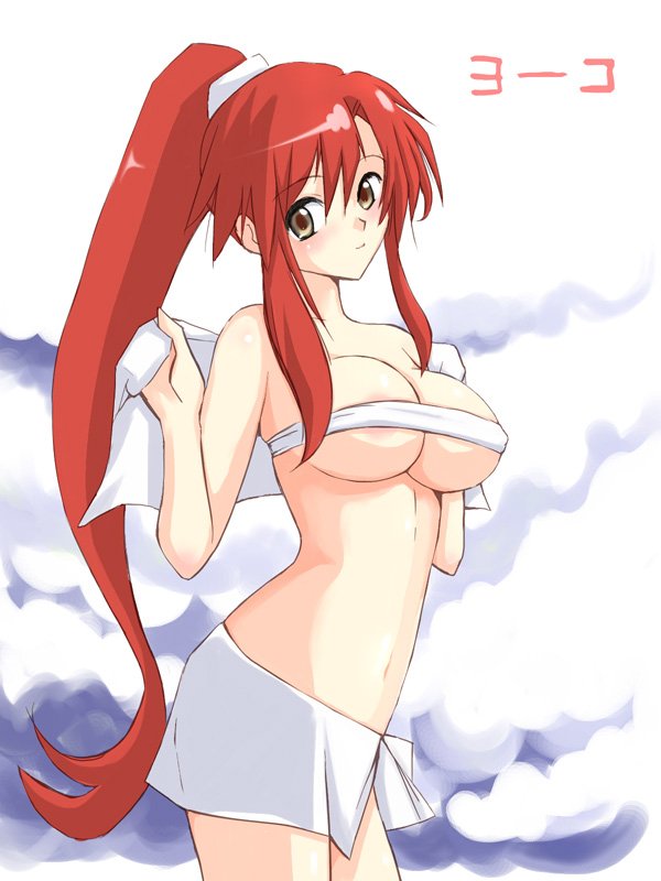 niwatori kokezou, yoko littner, tengen toppa gurren lagann, 00s, 1girl, breasts, brown eyes, cleavage, female focus, large breasts, long hair, naked towel, ponytail, red hair, solo, towel, very long hair