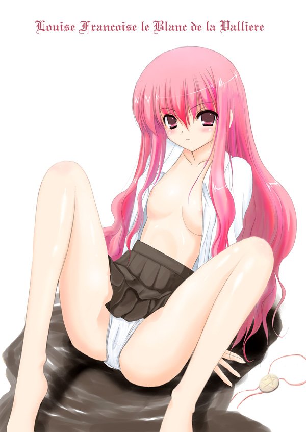 niwatori kokezou, louise francoise le blanc de la valliere, zero no tsukaima, 00s, 1girl, barefoot, breasts, female focus, long legs, nipple slip, nipples, open clothes, open shirt, panties, pantyshot, shirt, sitting, skirt, solo, spread legs, underwear, white panties