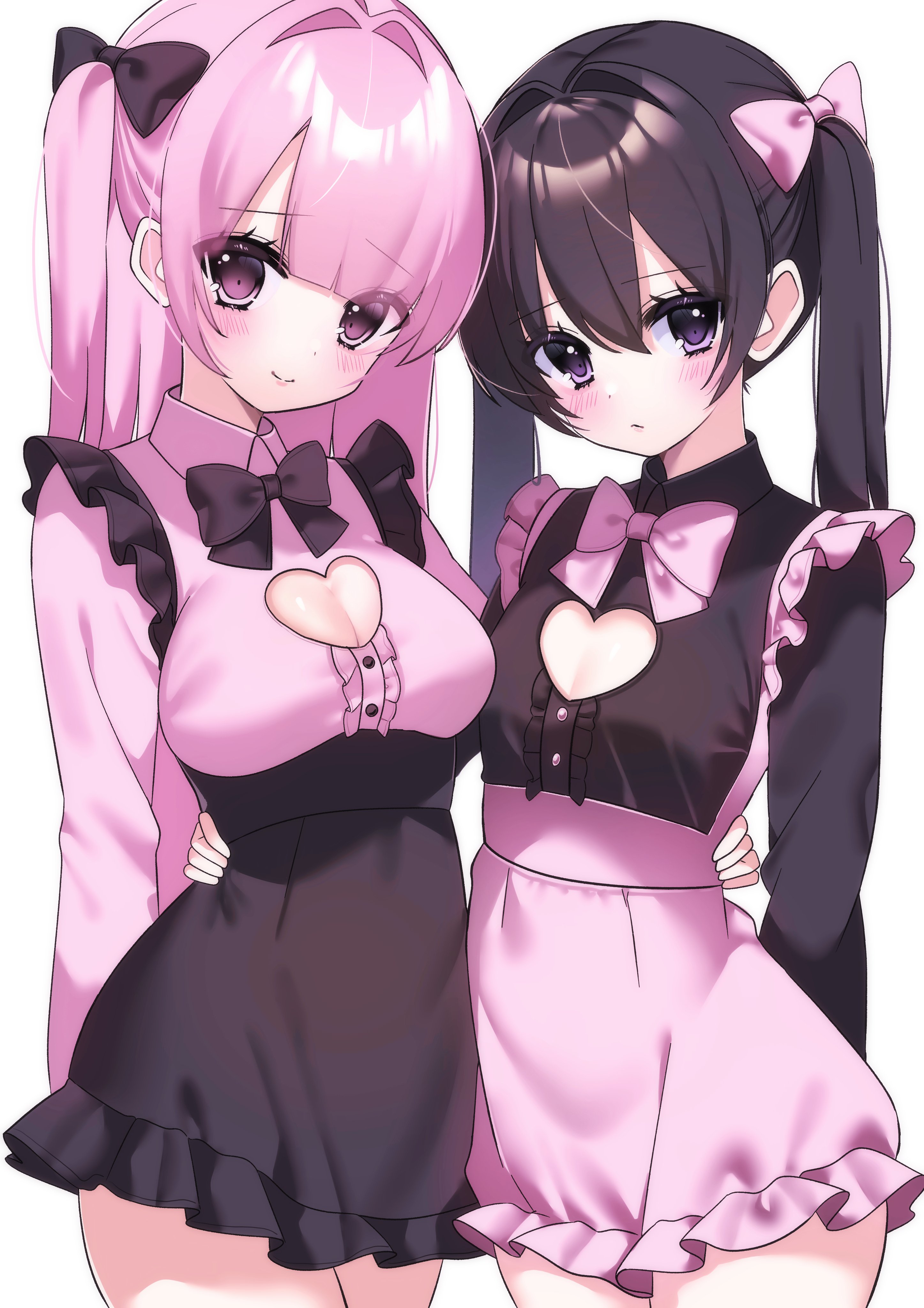 usausausabarasi, original, absurdres, commentary, highres, 2girls, arm behind back, black bow, black shirt, black skirt, blush, bow, cleavage cutout, closed mouth, clothing cutout, cowboy shot, frilled skirt, frills, hair between eyes, hair bow, half updo, hand on another's waist, heart cutout, jirai kei, long hair, long sleeves, looking at viewer, multiple girls, pink bow, pink hair, pink shirt, pink skirt, shirt, shirt tucked in, simple background, skirt, smile, suspender skirt, suspenders, twintails, white background