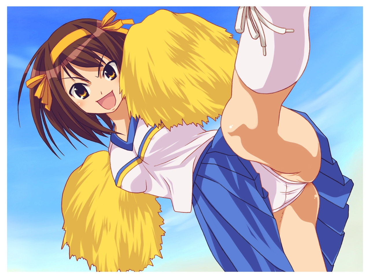 suzumiya haruhi, suzumiya haruhi no yuuutsu, cheerleader, high kick, kicking, leg lift, panties, pantyshot, spread legs, underwear, upskirt