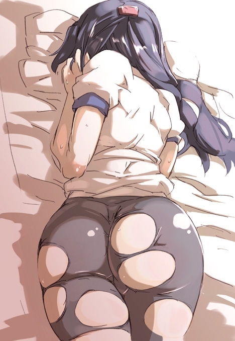 tokyo (great akuta), asakura ryoko, suzumiya haruhi no yuuutsu, 00s, 1girl, ass, bed, female focus, half updo, huge ass, lying, pantyhose, pillow, solo, top-down bottom-up, torn clothes, wedgie