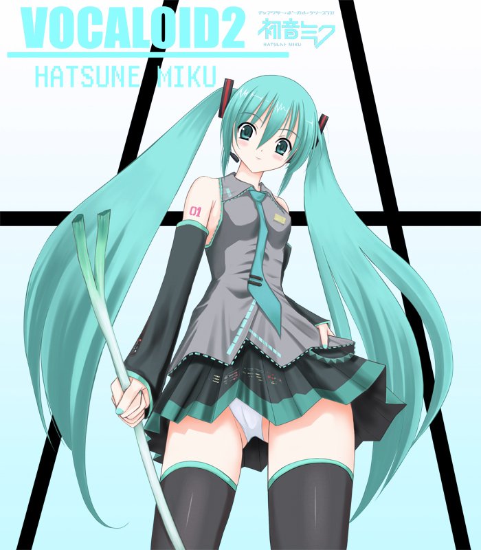 niwatori kokezou, hatsune miku, vocaloid, 1girl, female focus, long hair, panties, solo, thighhighs, twintails, underwear, very long hair